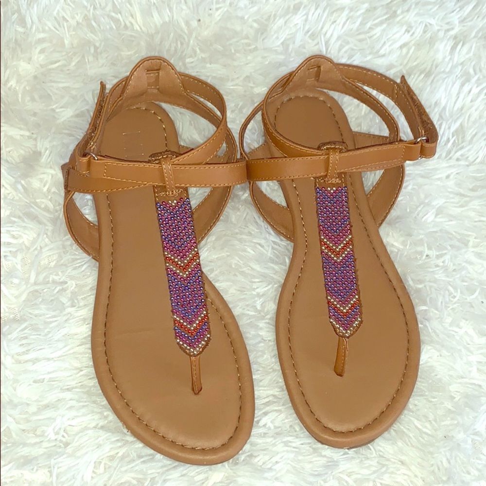 MIA Girl’s Mason Brown Faux Leather Embellished Beaded Thong Sandals Size 5